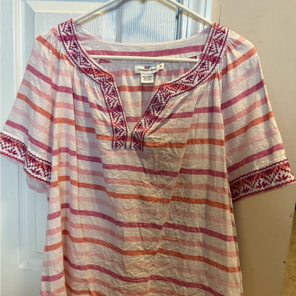 Vineyard Vines Pink and White Tunic with Ruffled V-Neck
